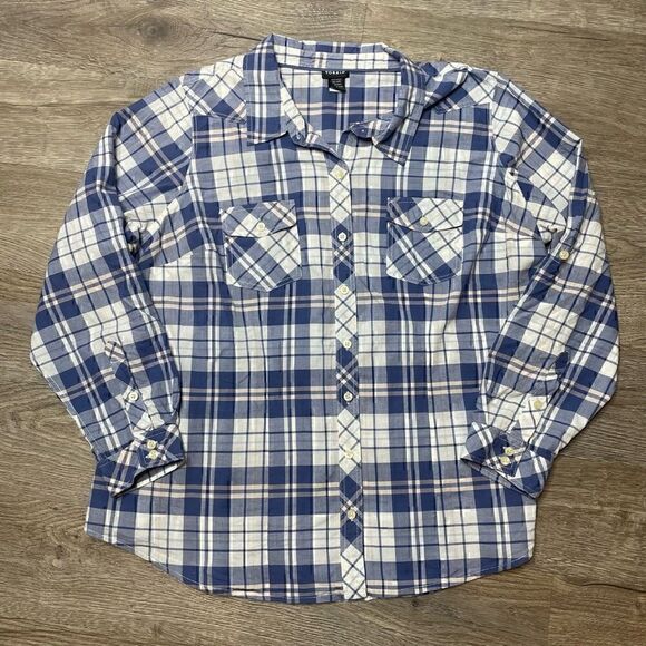 Torrid Camp Shirt Plaid Blue Roll Tab Sleeve Plus Size 2 Cotton Casual - Picture 2 of 8